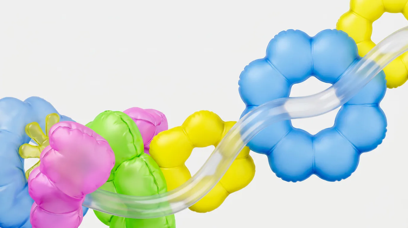 Colorful Ploy inflatable forms connected by a translucent tube, representing a production AI agent migrating between model systems