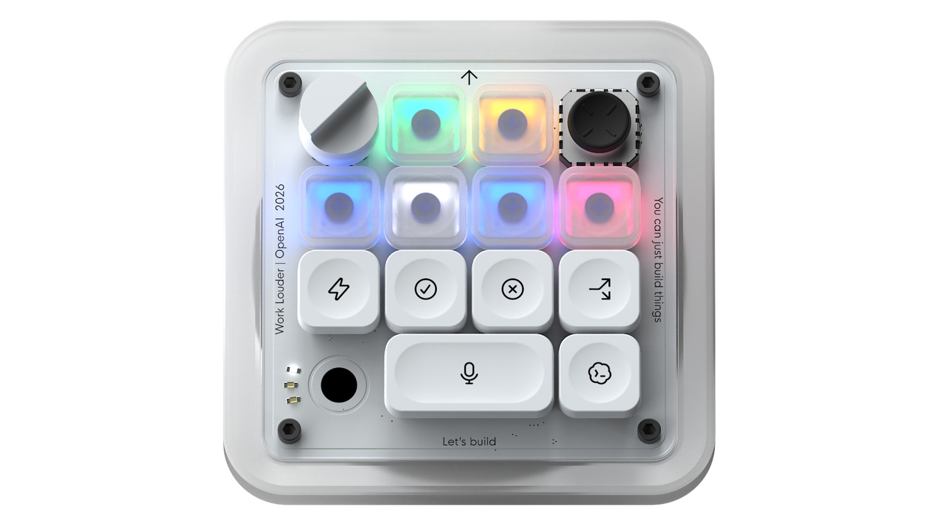 Modulares OpenAI WorkLouder Codex Micro mit programmierbaren Tasten, Drehregler und verschiedenfarbenen LEDs.