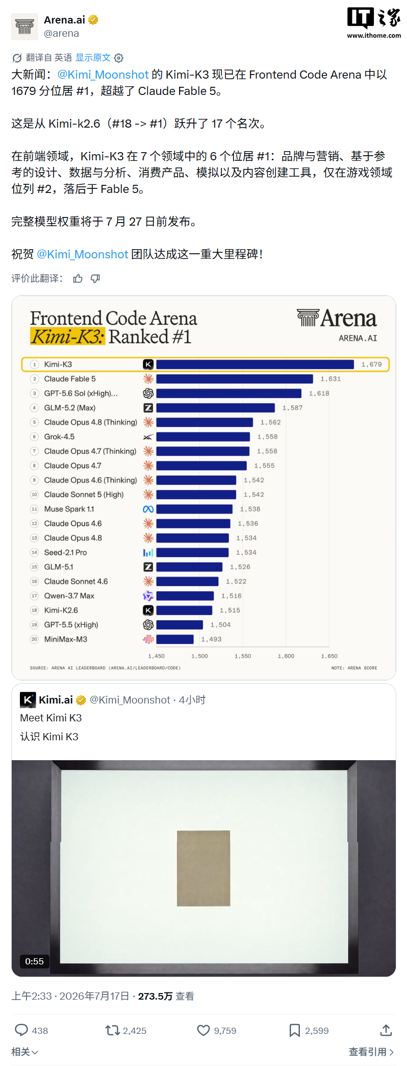 Kimi's stärkstes Modell K3 veröffentlicht, Frontend Code Arena Benchmark führt