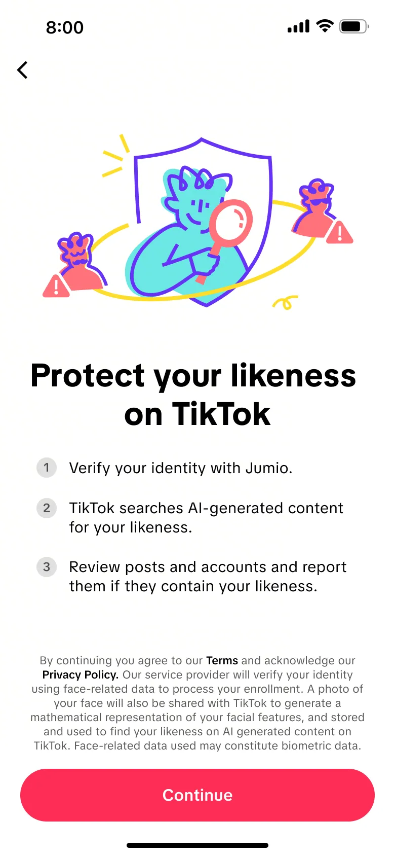 A screenshot with details about TikTok’s AI likeness detection tool.
