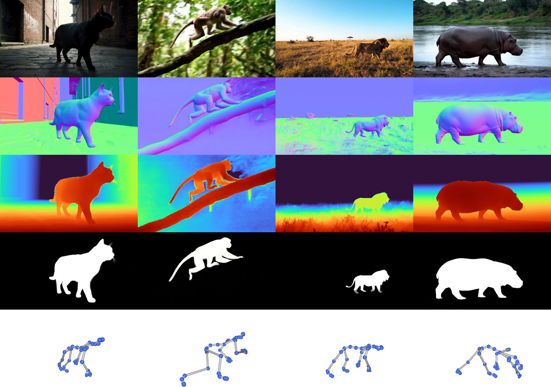 Grid showing a dog, tiger, and hippopotamus alongside their corresponding depth maps, normals, segmentation silhouettes, and 3D skeletons.