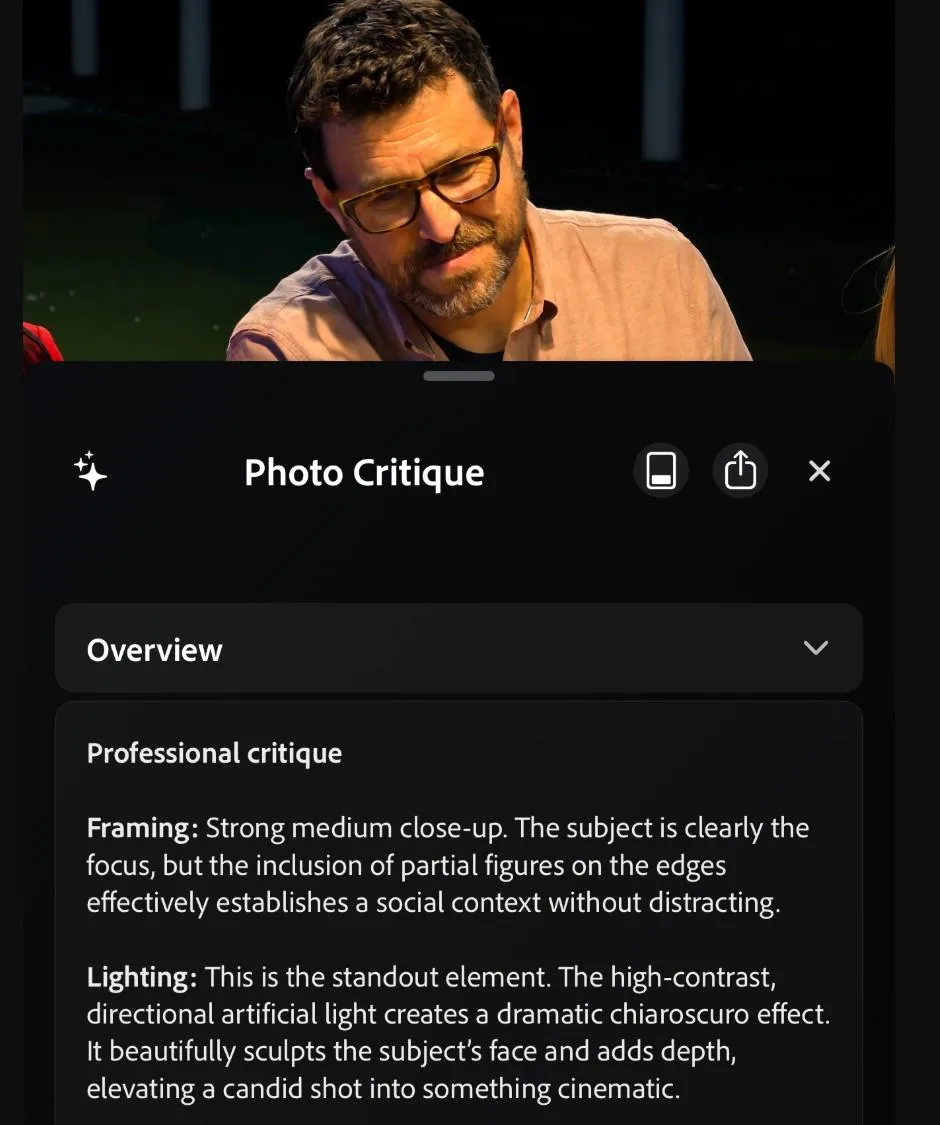 An example of the AI feedback feature in Adobe’s Indigo camera app.