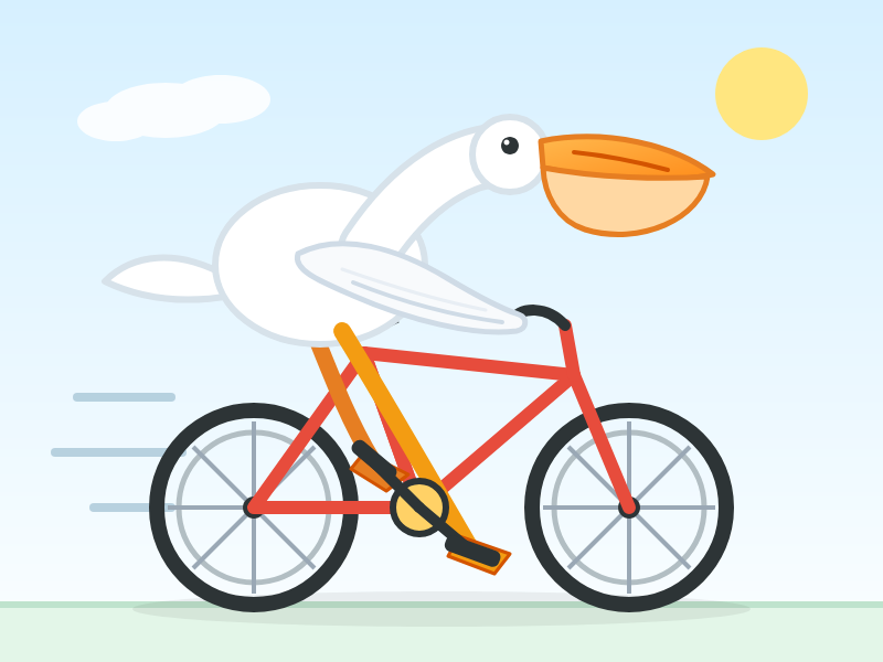 Described by Qwen 3.8 Max: Flat vector cartoon illustration of a white pelican with a large orange beak and pouch riding a red bicycle, its orange legs on the pedals, against a light blue sky with a yellow sun top right and a white cloud top left, with horizontal motion lines behind the bike and a pale green ground strip at the bottom.