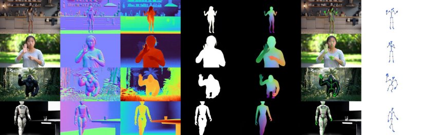 A single model generates depth, normals, segmentations, and pose from the same video based on a text prompt. Despite training mostly on synthetic data, it generalizes to real-world footage and object classes it never saw.