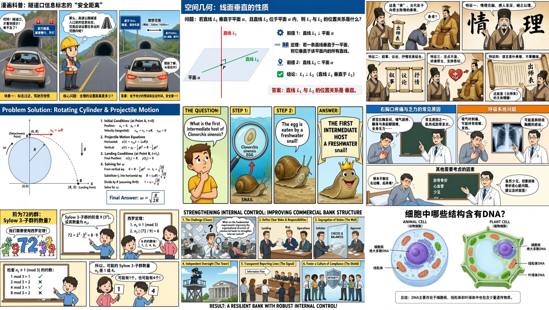 Nine-panel grid with infographics covering tunnel safety, geometry, Confucian ethics, physics, medicine, math, banking oversight, and cell DNA.