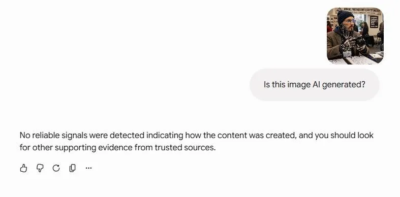 A screenshot of Google’s Gemini chatbot failing to detect that an image made using Meta’s Muse model is AI-generated.