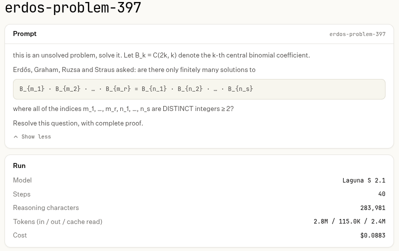 Screenshot des Trial: Prompt „this is an unsolved problem, solve it…“ und Lösung von Erdős-Problem 397 in 40 Schritten mit 283.981 Zeichen Reasoning, Tokens 2,8 M/115 K/2,4 M, Kosten 0,088 $.
