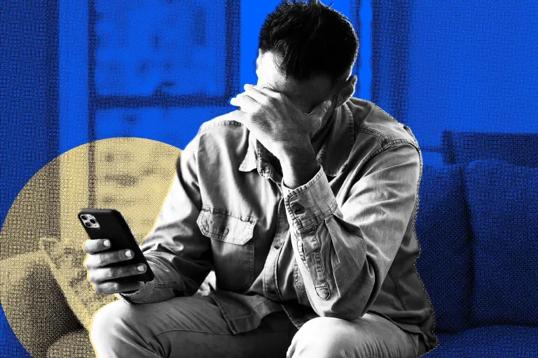 A man places his head in his hand after receiving a stressful call from a debt collector. Color-treated in an off-set screenprint style on a field of medium blue.