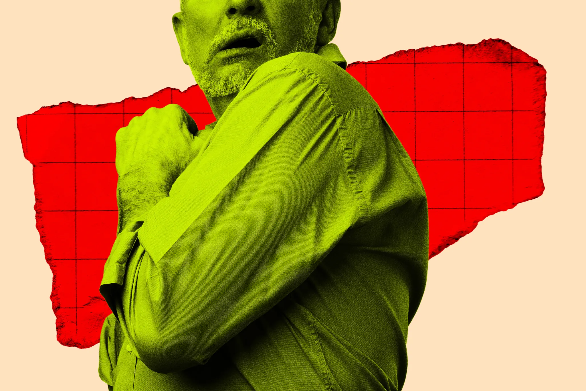 Photo illustration of a businessman turning away with his arms up in a gesture of defensiveness.