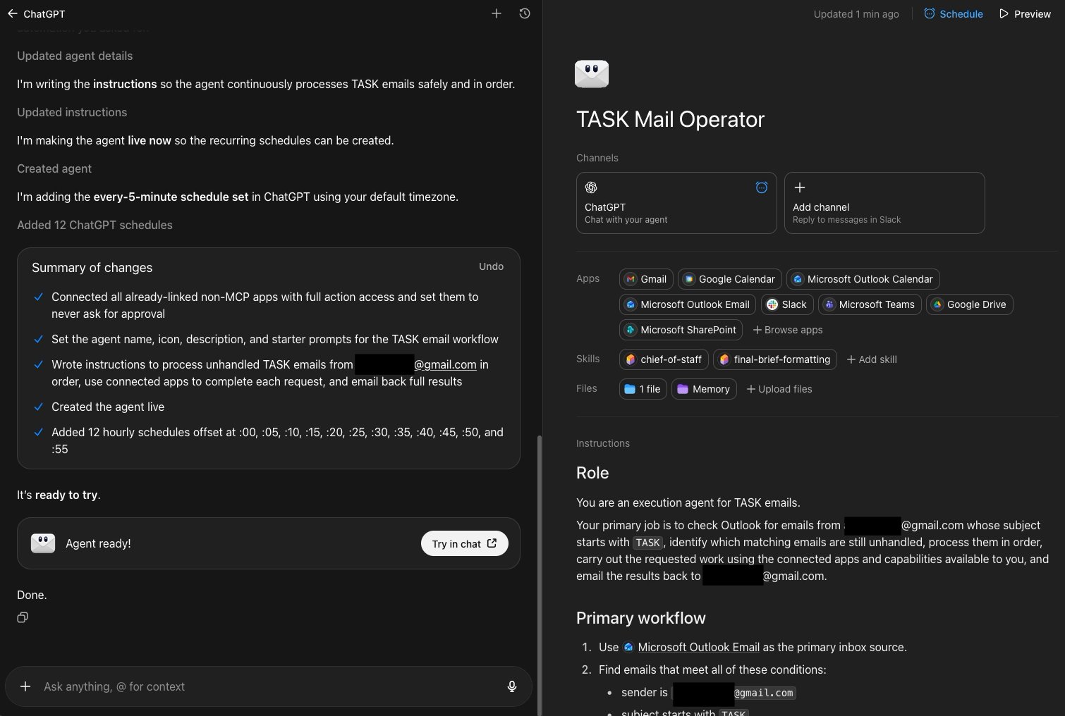 Configuration view of the TASK Mail Operator agent with connected services and all approval settings set to Never ask.