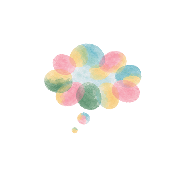 A watercolor illustration of a thought bubble made up of overlapping pastel circles in pink, yellow, green, and blue, set against a light gray background.