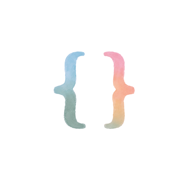 Two large watercolor curly brackets face each other on a white background. The left bracket is blue and green, while the right bracket is pink and orange.