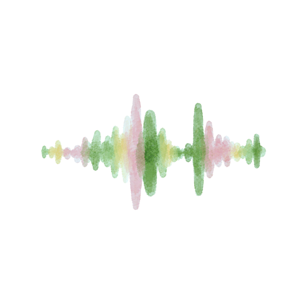 A watercolor illustration of a soundwave with soft, overlapping peaks in green, pink, and yellow tones on a light gray background.