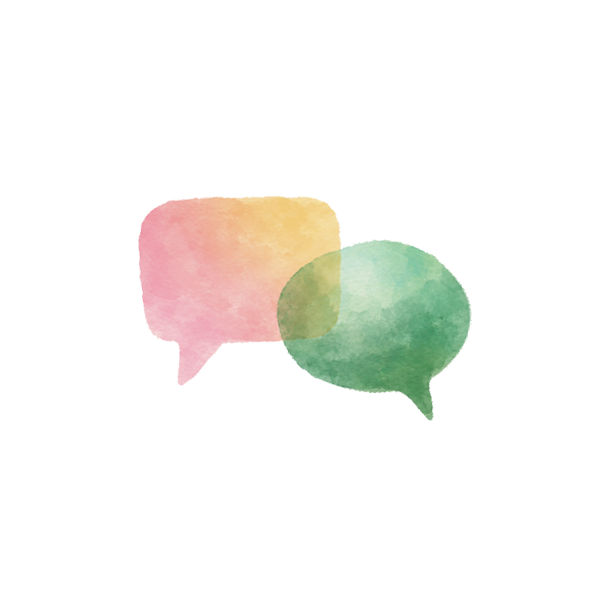 Two watercolor speech bubbles overlapping on a light background; one bubble is pink and yellow, the other is green.