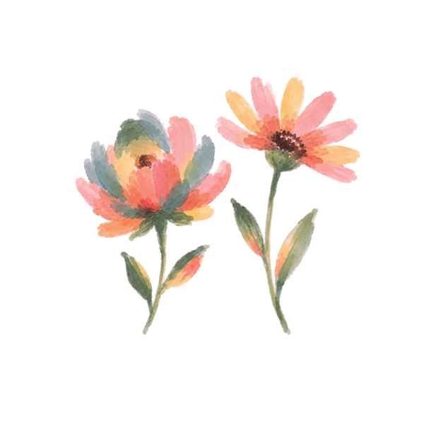 Watercolor illustration of two flowers with green stems and leaves. The petals are painted in shades of pink, yellow, orange, and green, set against a plain white background.