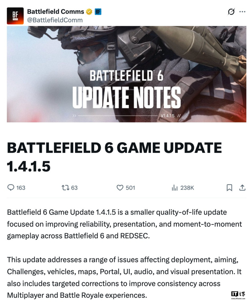 EA 为《战地 6》推出 1.4.1.5 更新：修复英伟达 RTX50 系显卡崩溃问题