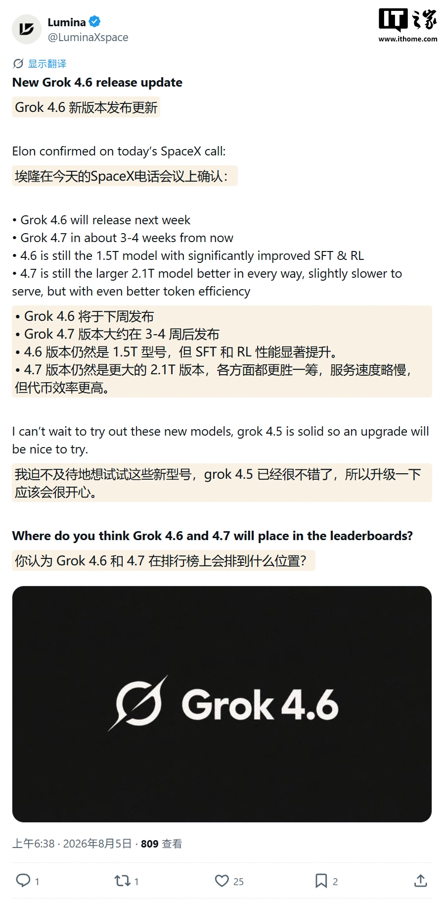 머스크는 다음 주에 총 1.5조 파라미터를 가진 Grok 4.6이 출시될 예정이며, SFT 및 강화 학습 개선도 포함된다고 발표했습니다