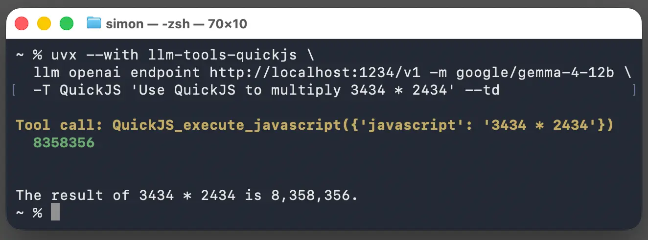 Output reads Tool call: QuickJS_execute_javascript({'javascript': '3434 * 2434'}) 8358356 The result of 3434 * 2434 is 8,358,356.