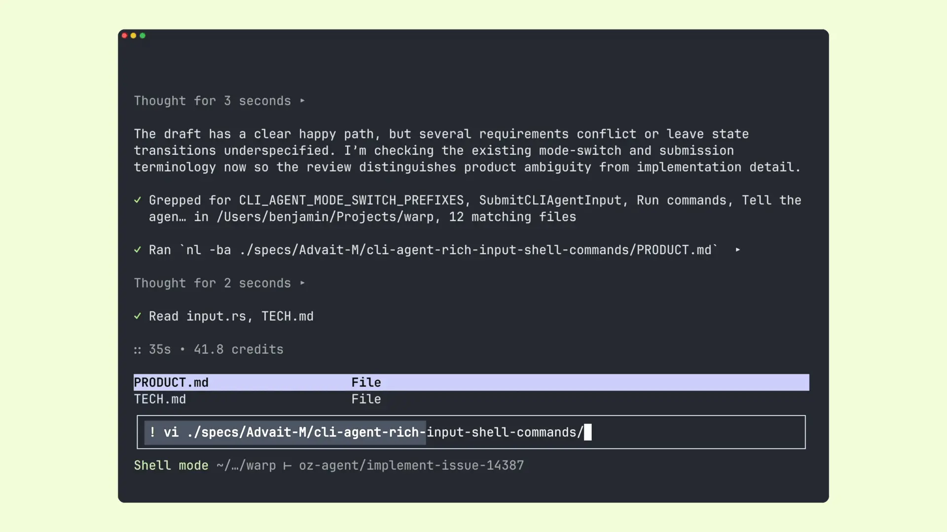 Agent editing document using vim