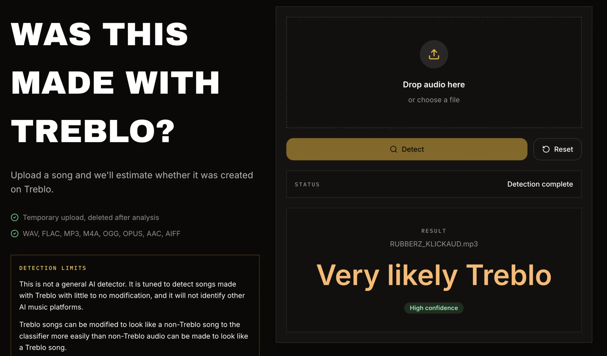 Screenshot of the Treblo AI Music Classifier.