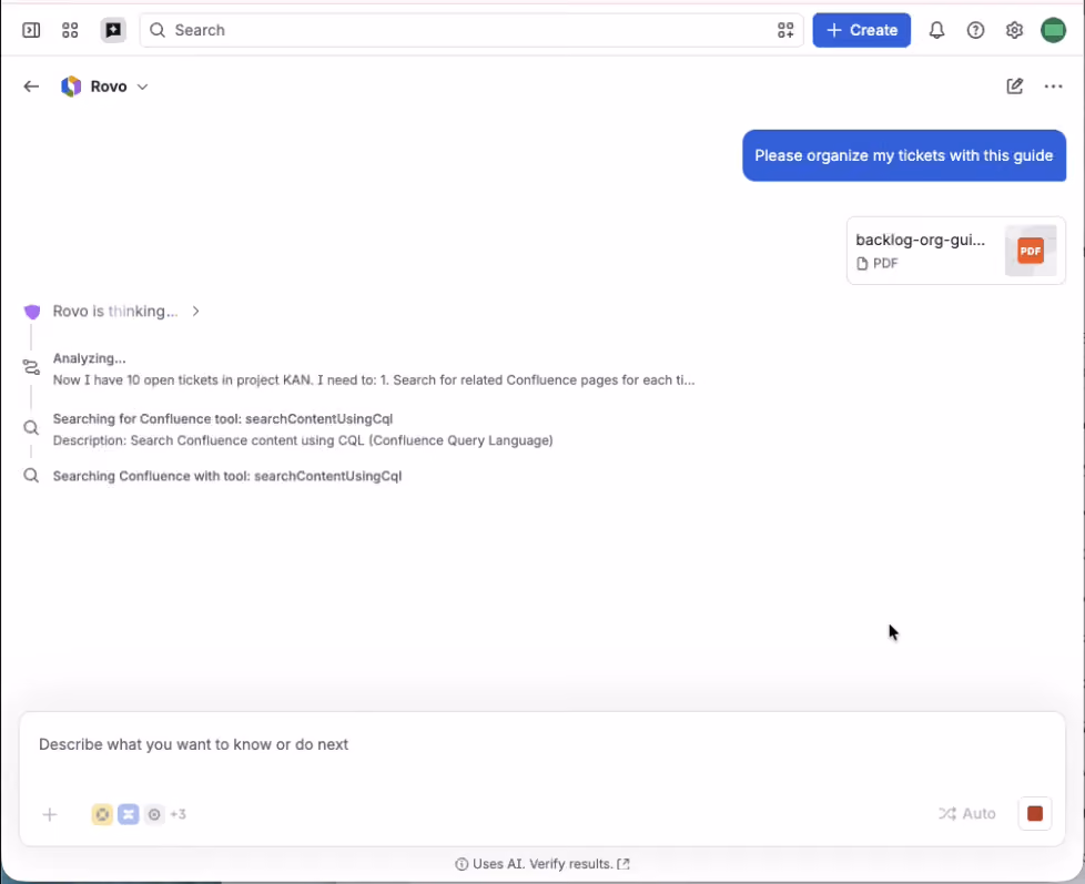 Rovo processes the request and begins searching Jira and Confluence.