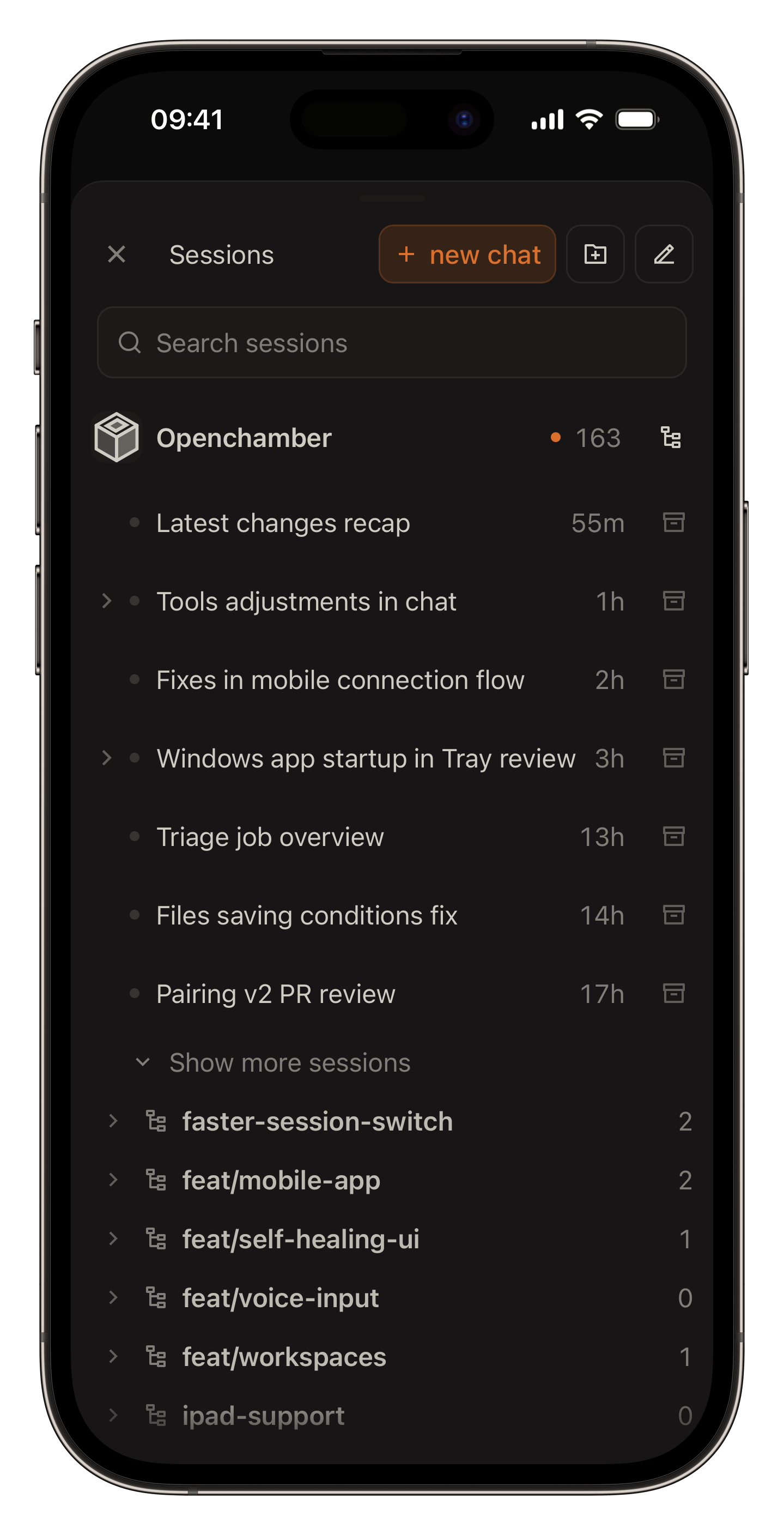 OpenChamber session list on mobile