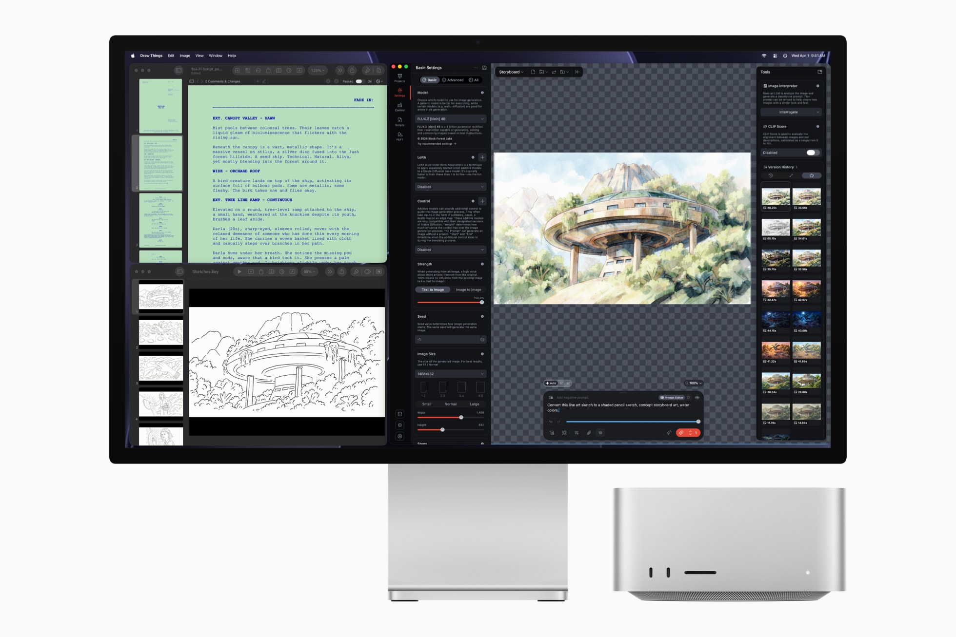 Mac Studio and Studio Display show an image of a treehouse being edited in the Draw Things app.