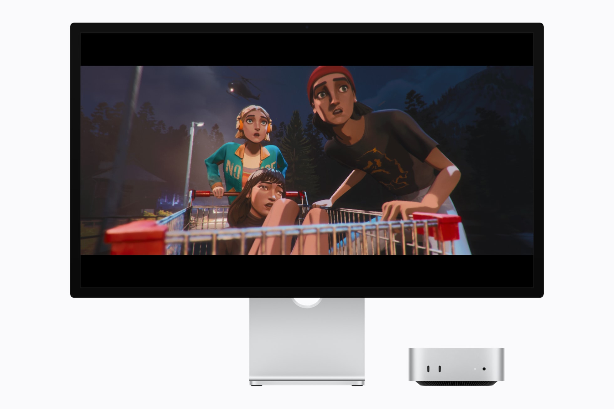 Mac Studio and Studio Display show a cinematic scene from the video game Mixtape.