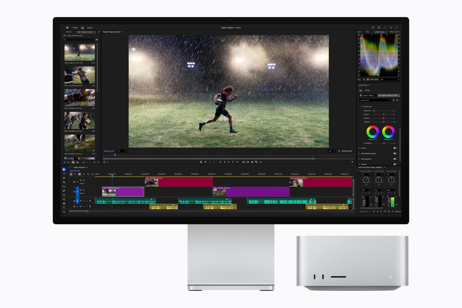 Mac Studio and Studio Display show a video timeline being edited in Adobe Premiere Pro.