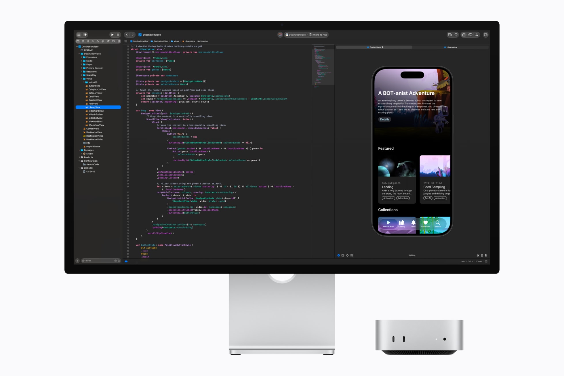 Mac Studio and Studio Display show code being written in Xcode.