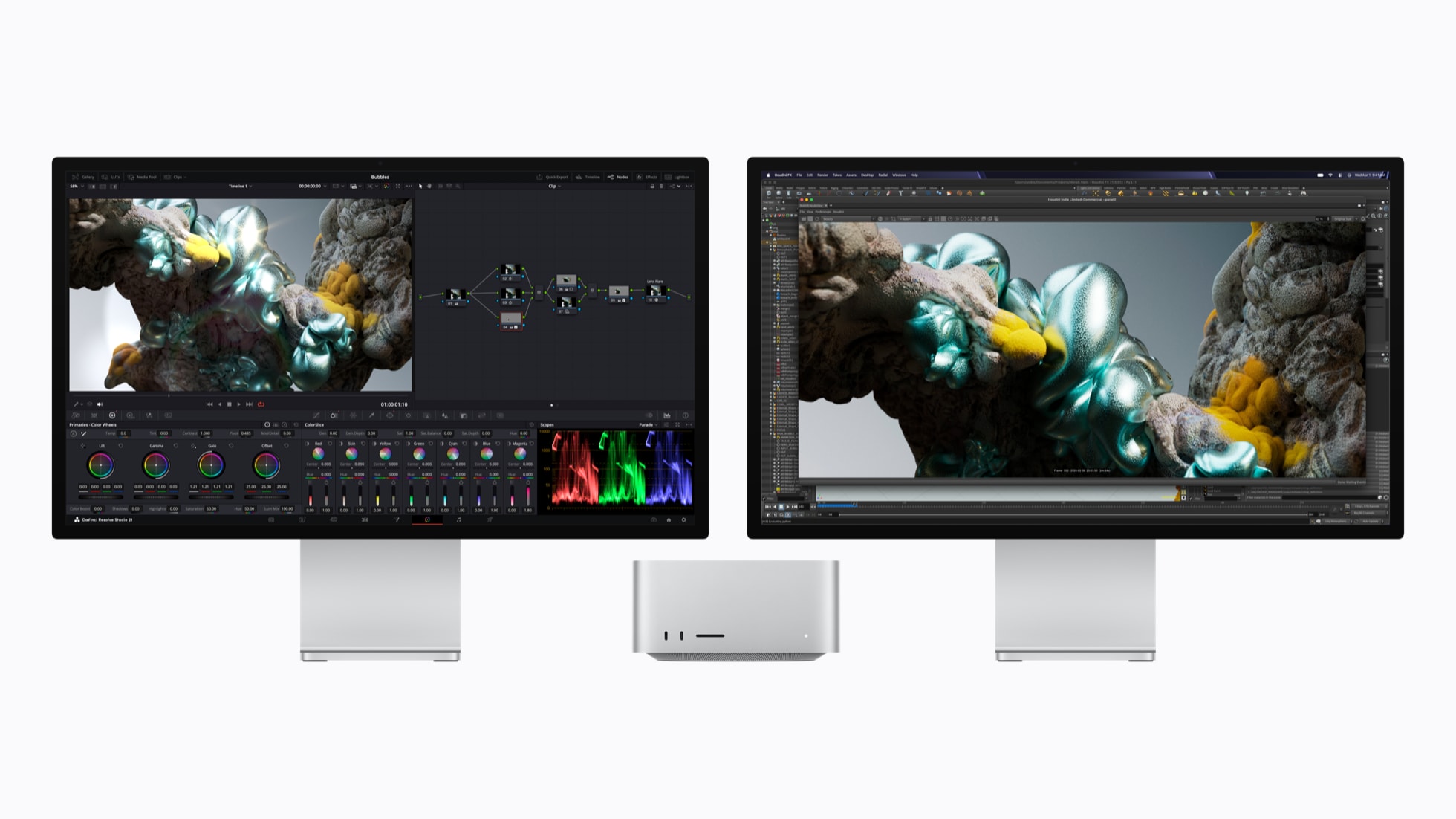 Two Mac Studio systems show video editing in Blackmagic Design DaVinci Resolve Studio and Maxon Redshift.