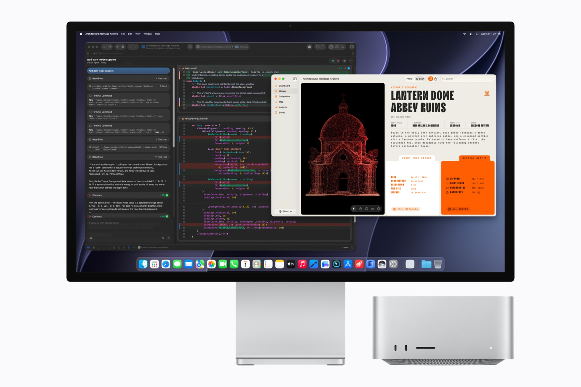Mac Studio is pictured with a display showing coding in Xcode.