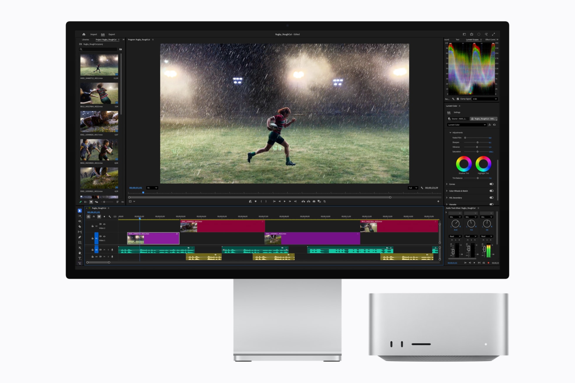 Mac Studio with M5 Ultra shows an Adobe Premiere screen featuring an athlete running in the rain.