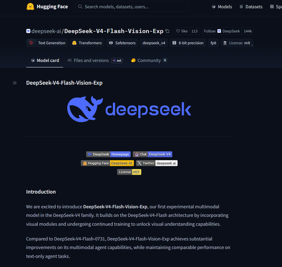 Het DeepSeek-V4-Flash-Vision-Exp-model is open source en de multimodale agentmogelijkheden benaderen Opus-4.8
