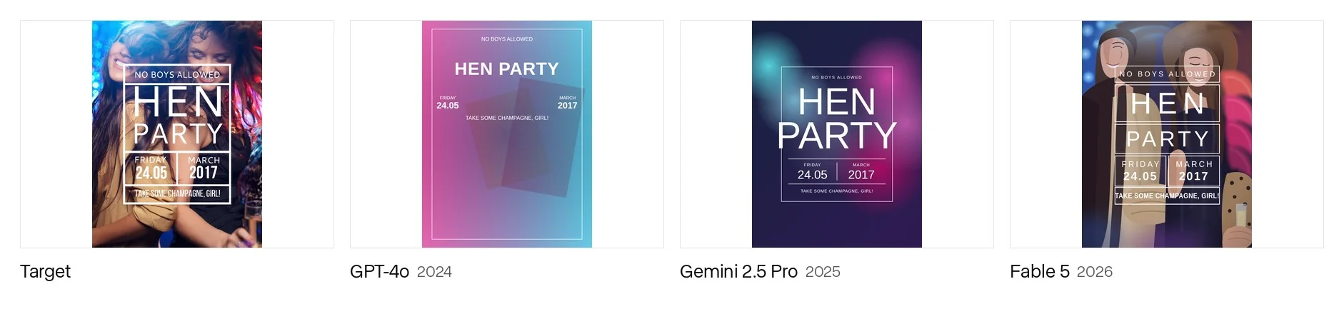 An image-heavy event poster next to reconstructions by GPT-4o, Gemini 2.5 Pro and Fable 5