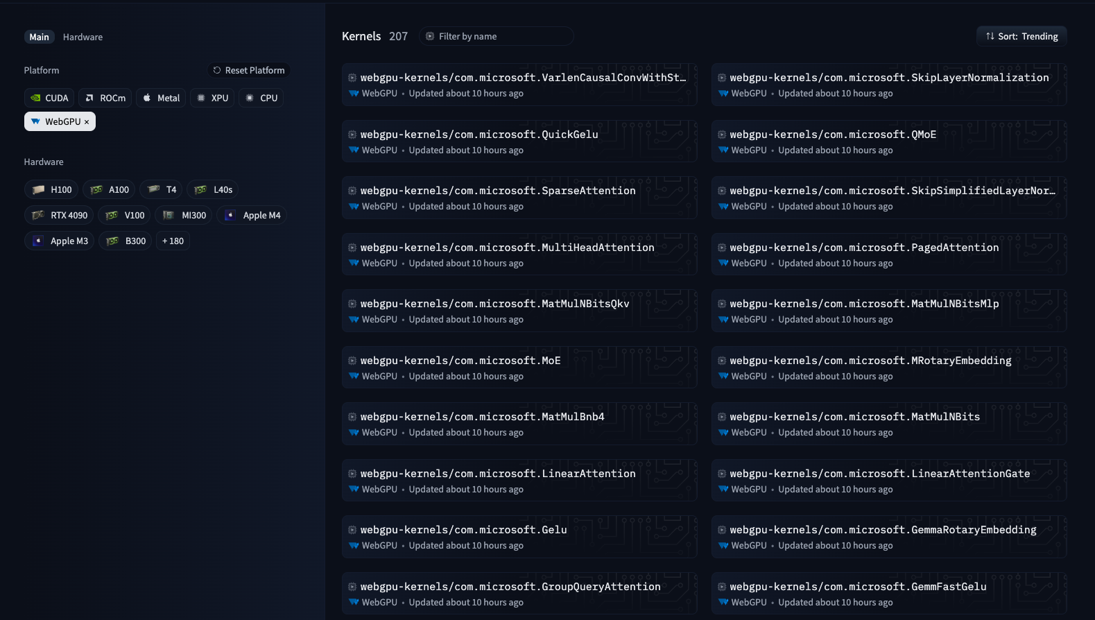 The Hub Kernels page filtered to the WebGPU platform, listing the 207 published kernels