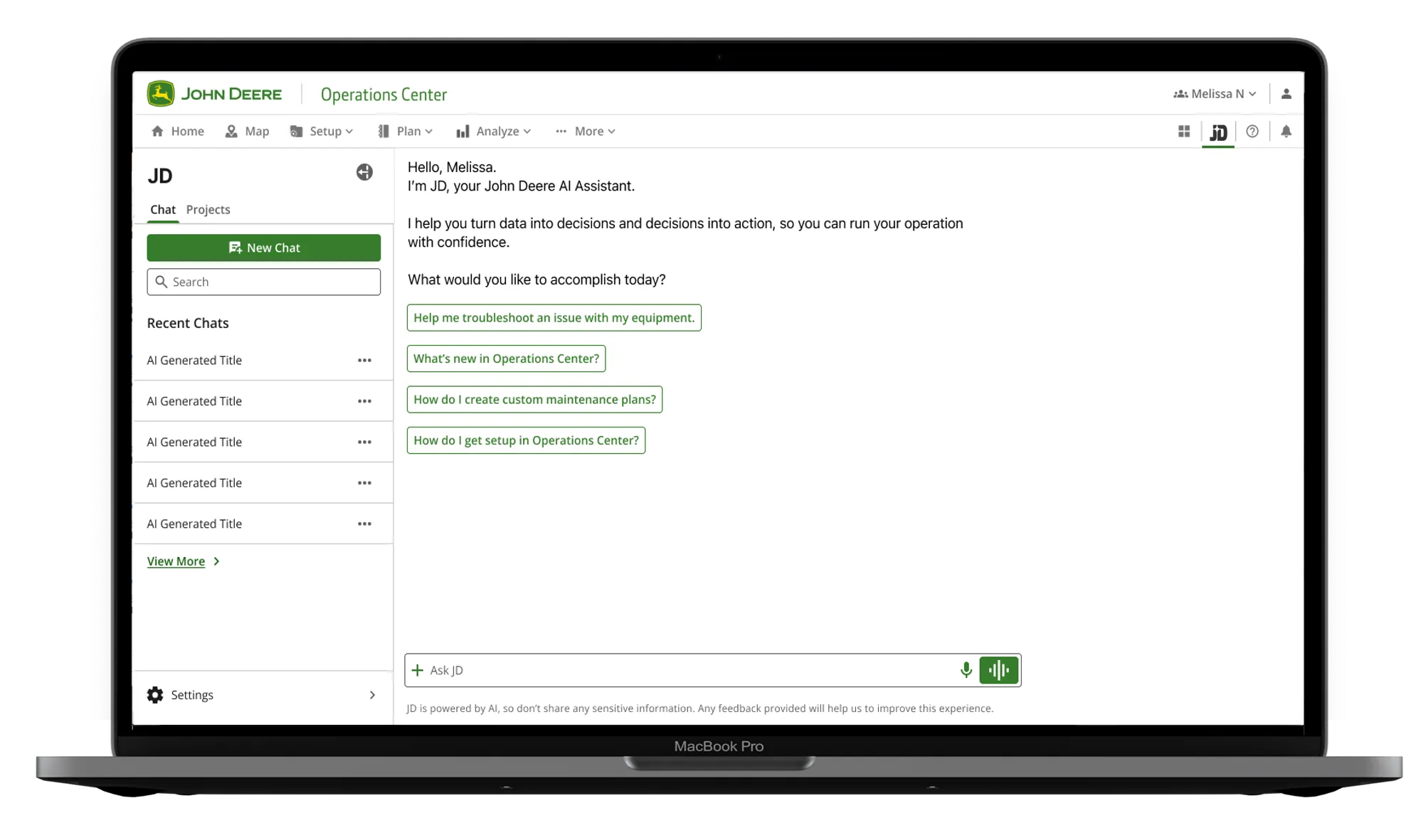 John Deere’s JD AI chatbot display on a laptop
