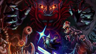 Key art for the Dwarf Fortress Myth and Magic update, showing a dwarven wizard casting a spell beneath the looming, ominous figure of Armok.
