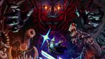 Key art for the Dwarf Fortress Myth and Magic update, showing a dwarven wizard casting a spell beneath the looming, ominous figure of Armok.
