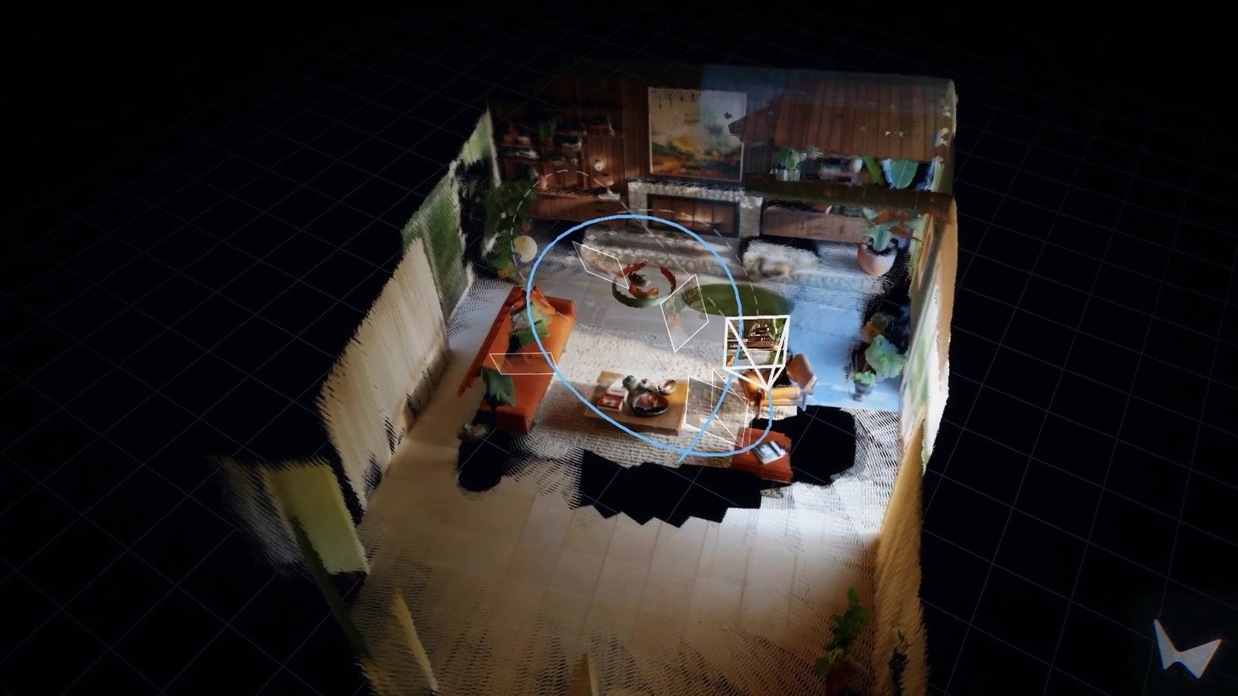 A living room reconstructed as a point cloud with sofa, rug, and fireplace, floating above a grid floor, with marked camera positions and a blue camera path.
