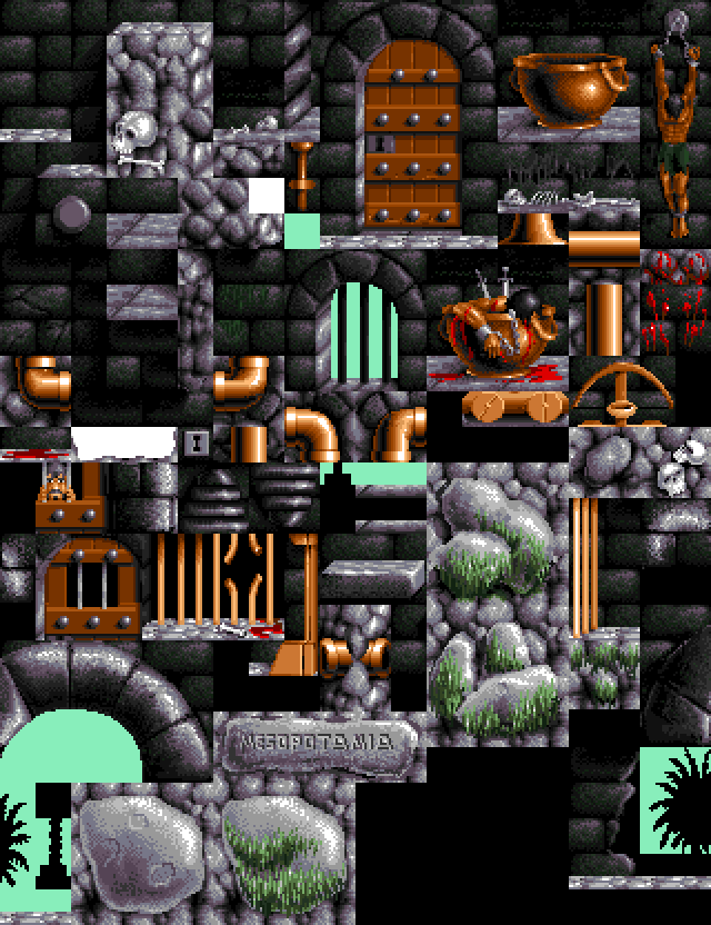 The complete 16x16 tile set for level one of the 1993 Amiga game: stone blocks, ladders, water, palm fronds, decorative brickwork