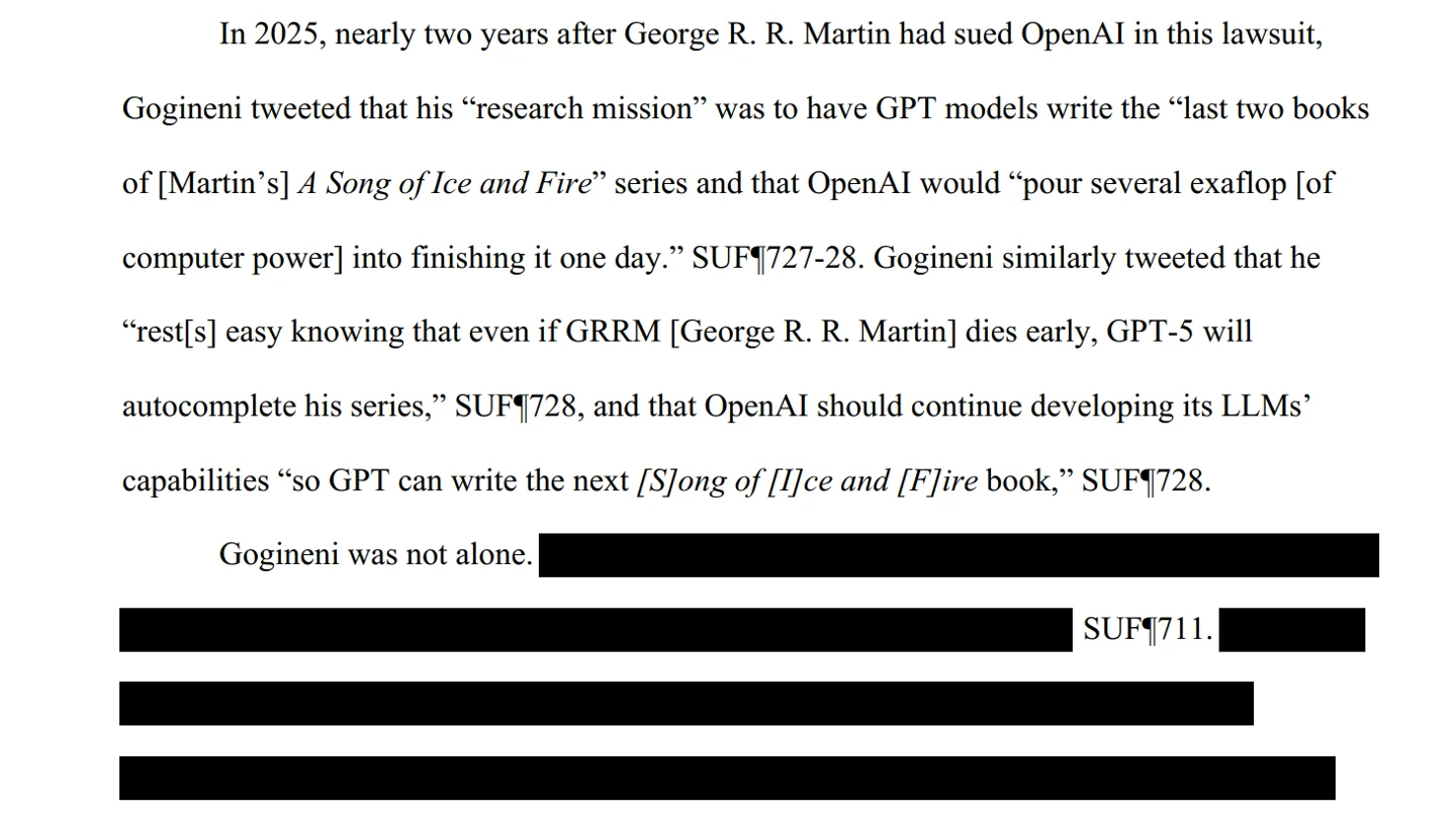 作协诉 OpenAI 案新动议披露 GPT-5 可代笔乔治·R·R·马丁撰写《冰与火之歌》等证据