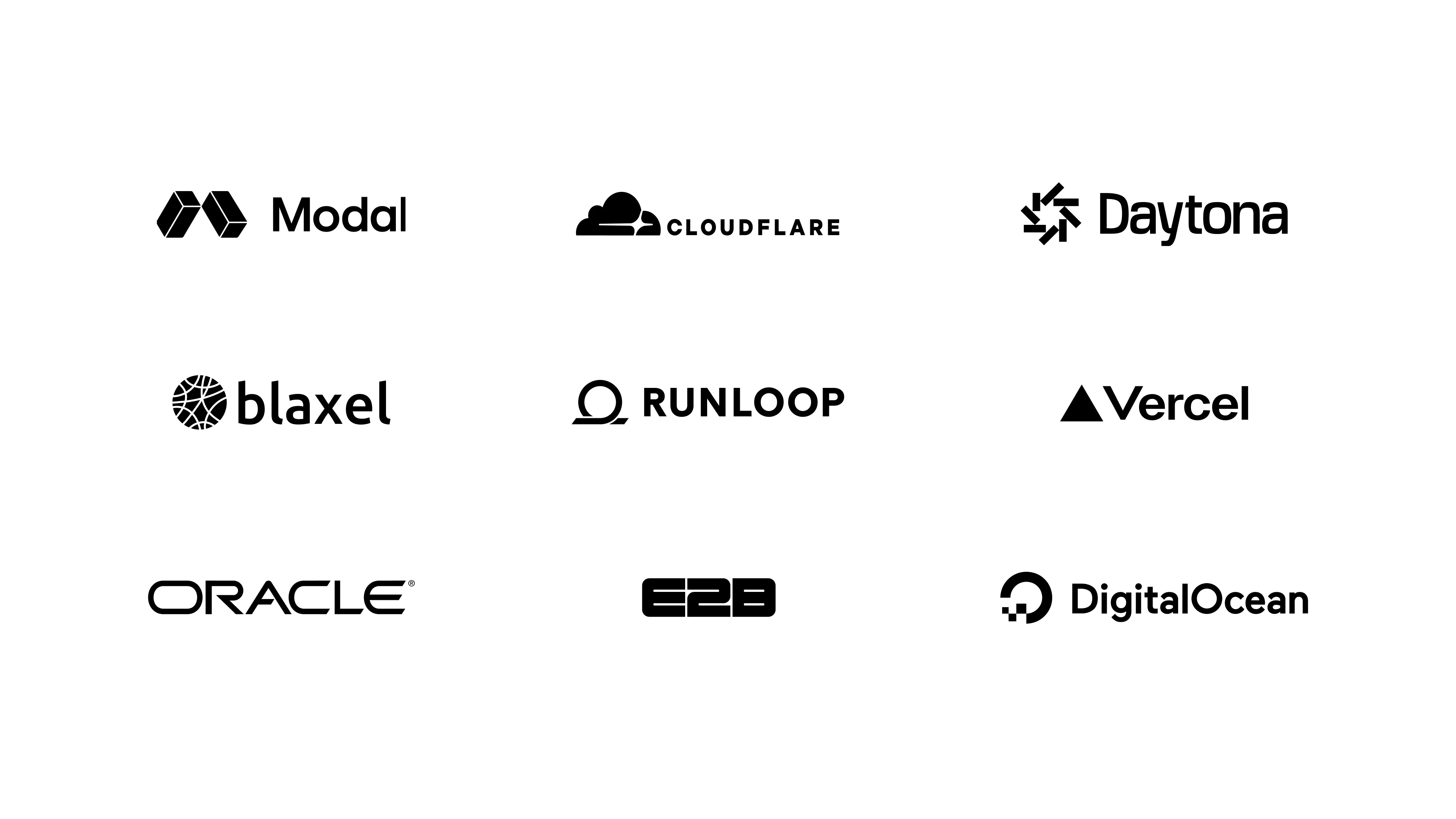 Sandbox partners: Modal, Cloudflare, Daytona, Blaxel, Runloop, Vercel, Oracle, E2B, and DigitalOcean.