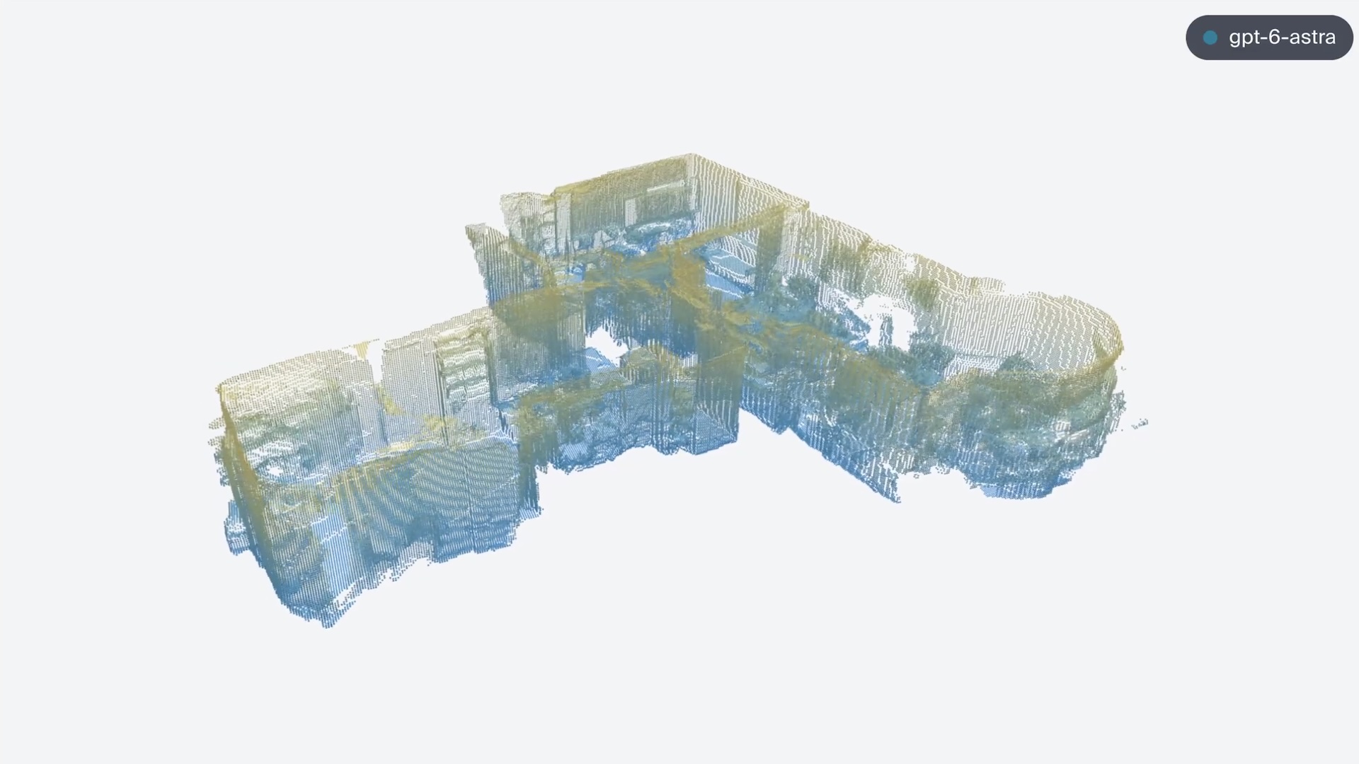 3D point cloud of an office environment in yellow and blue, reconstructed by GPT-6 Astra in Drone-Bench.