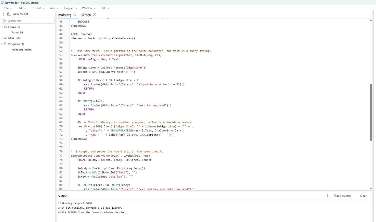 A FoxScript program registering HTTP routes with lambdas, calling a 32-bit encryption library from inside one, and the Output window reporting that the server is listening on port 8080.