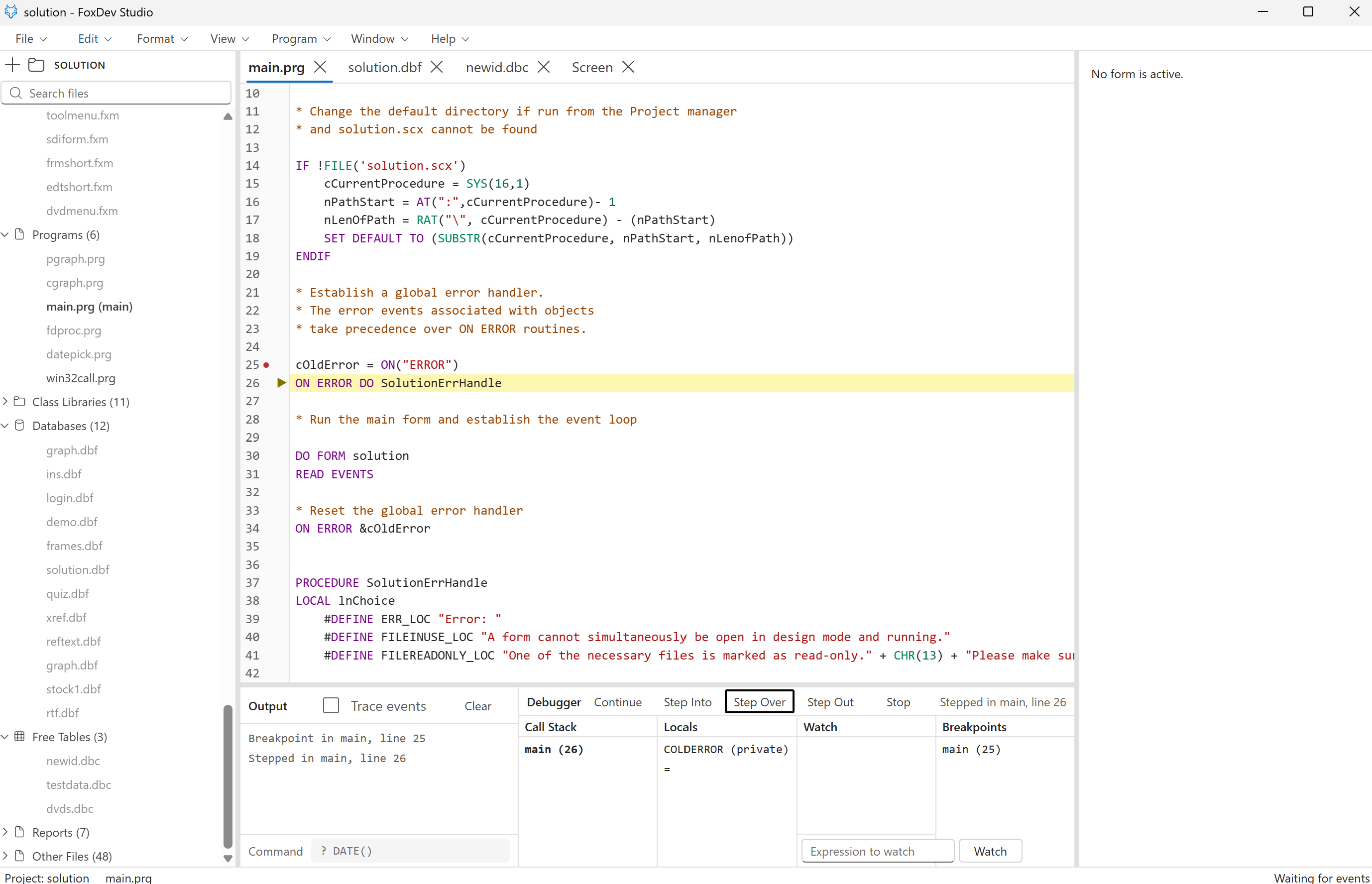 The debugger stopped on line 26 of the Solution sample's main program, one step past a breakpoint on line 25: the current line highlighted, and below it the Output window, the call stack, the locals, a watch box and the breakpoints list.