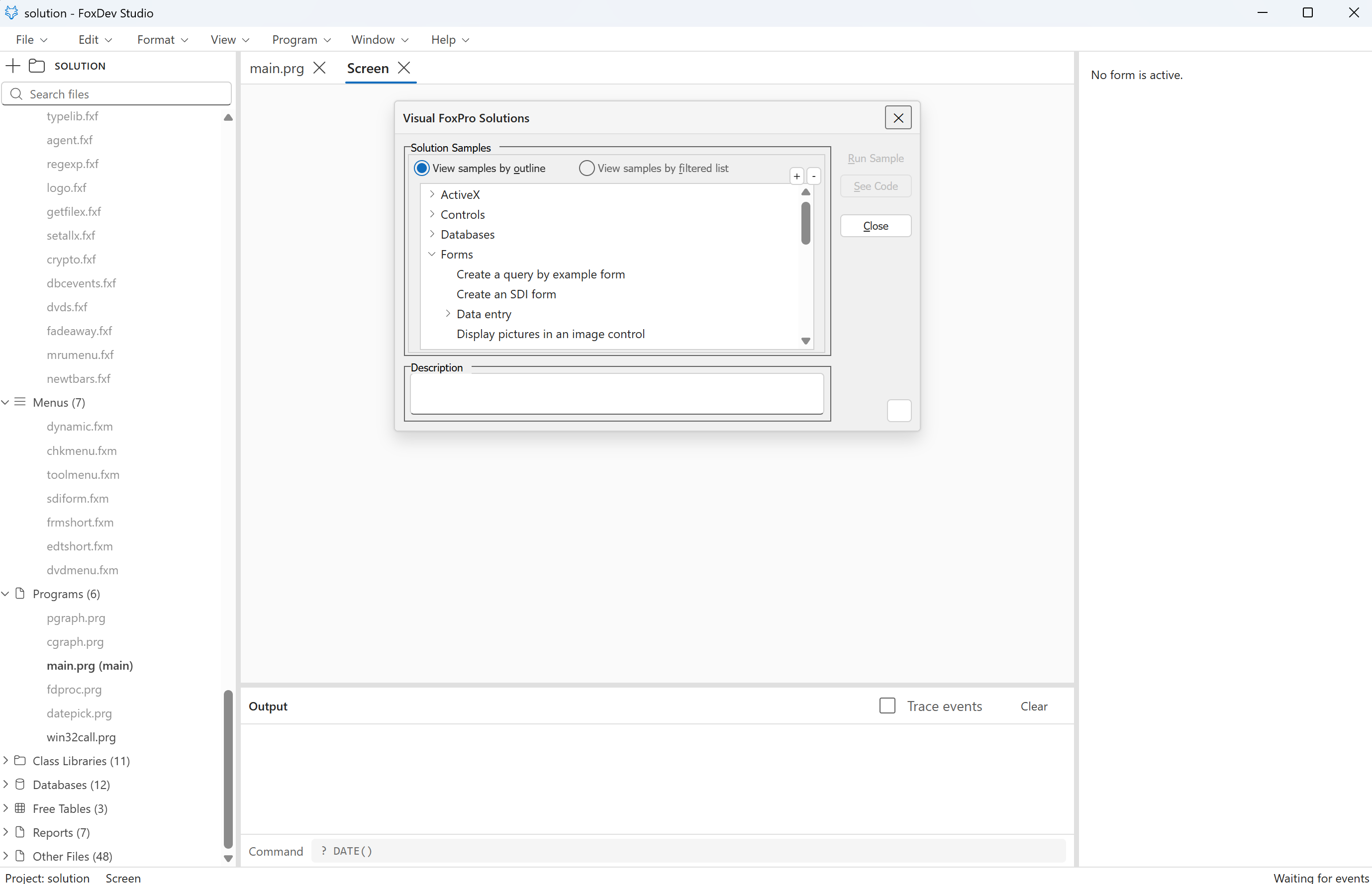Visual FoxPro's Solution sample running on the Screen tab: its samples launcher form with an outline of ActiveX, Controls, Databases and Forms samples, beside a project explorer listing the project's forms, menus, programs, class libraries, databases, free tables and reports; the status bar says Waiting for events.