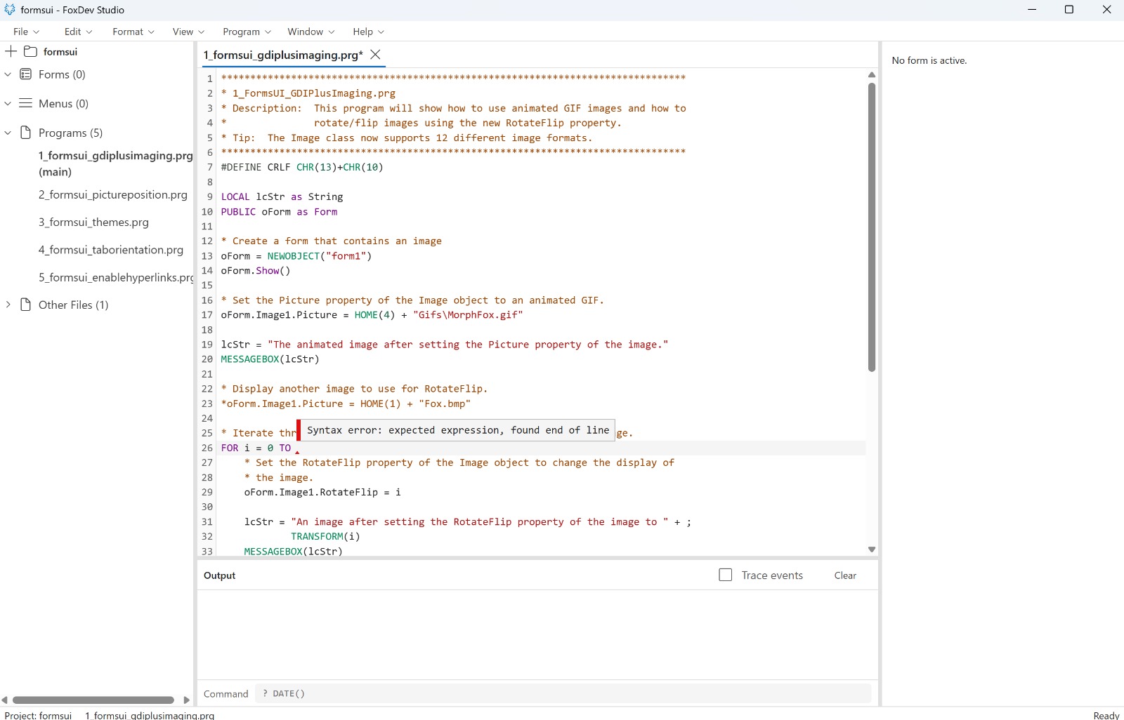 The program editor with a FormsUI sample open, the linter marking a syntax error inline on a FOR line, and the Output and Command windows below.