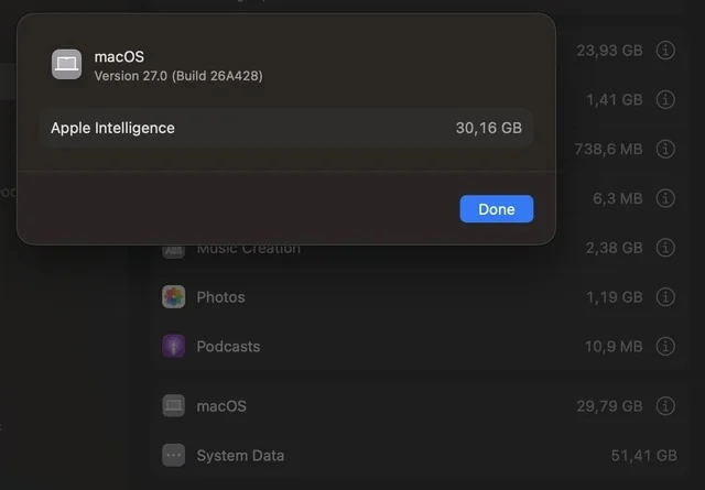 部分 Mac 升级 macOS 27 后 Apple Intelligence 占用空间超 30GB，高于苹果官方上限