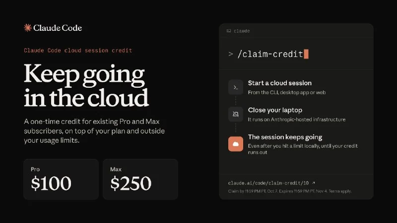 La sessione cloud di Anthropic Claude Code è stata ufficialmente lanciata, con utenti Pro/Max idonei a $100~$250 crediti
